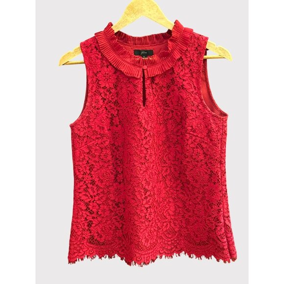 J Crew Red Lace Sleeveless Blouse Ruffle Collar Elegant Feminine Romantic Small - Picture 1 of 7